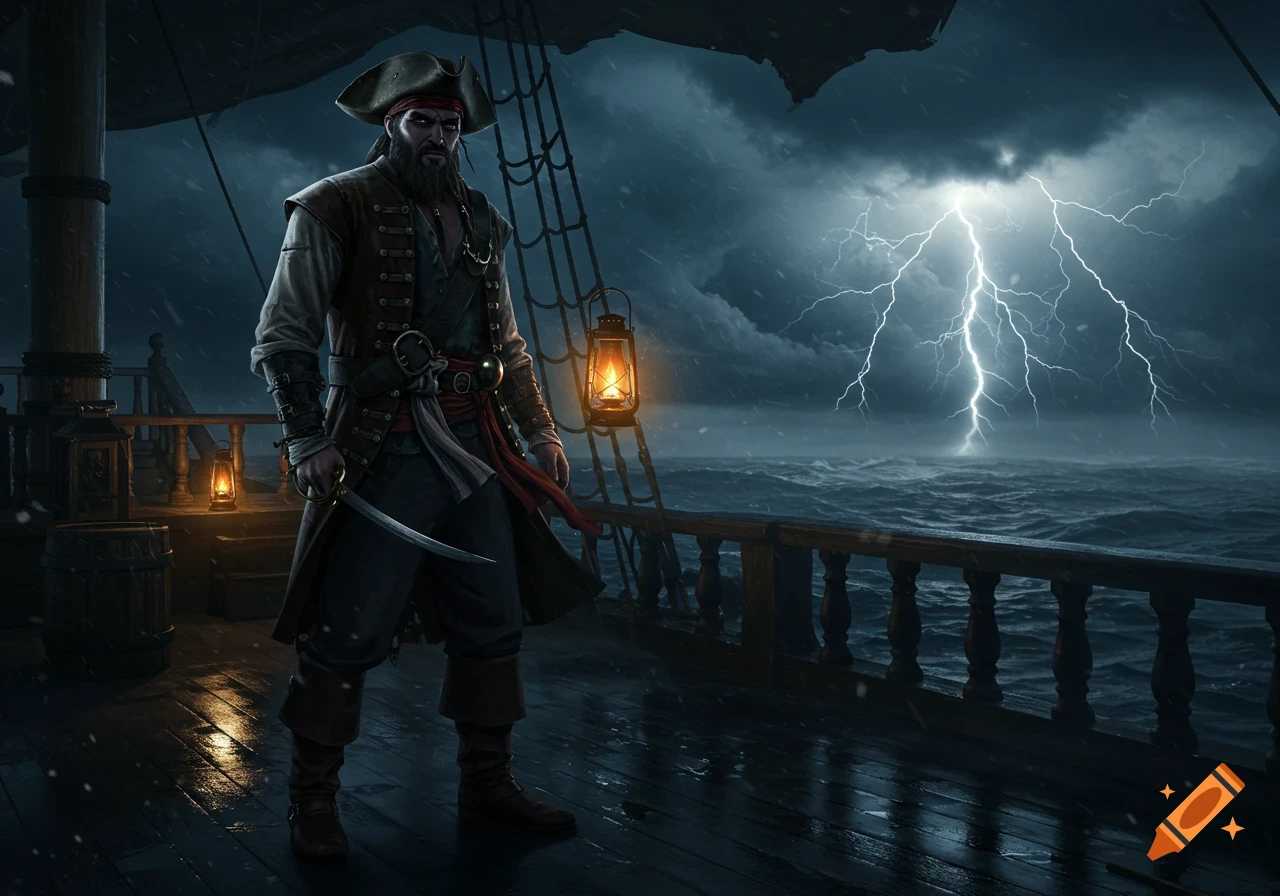 A stern pirate with a cutlass stands on a ship's deck during a stormy night with lightning over the dark sea.