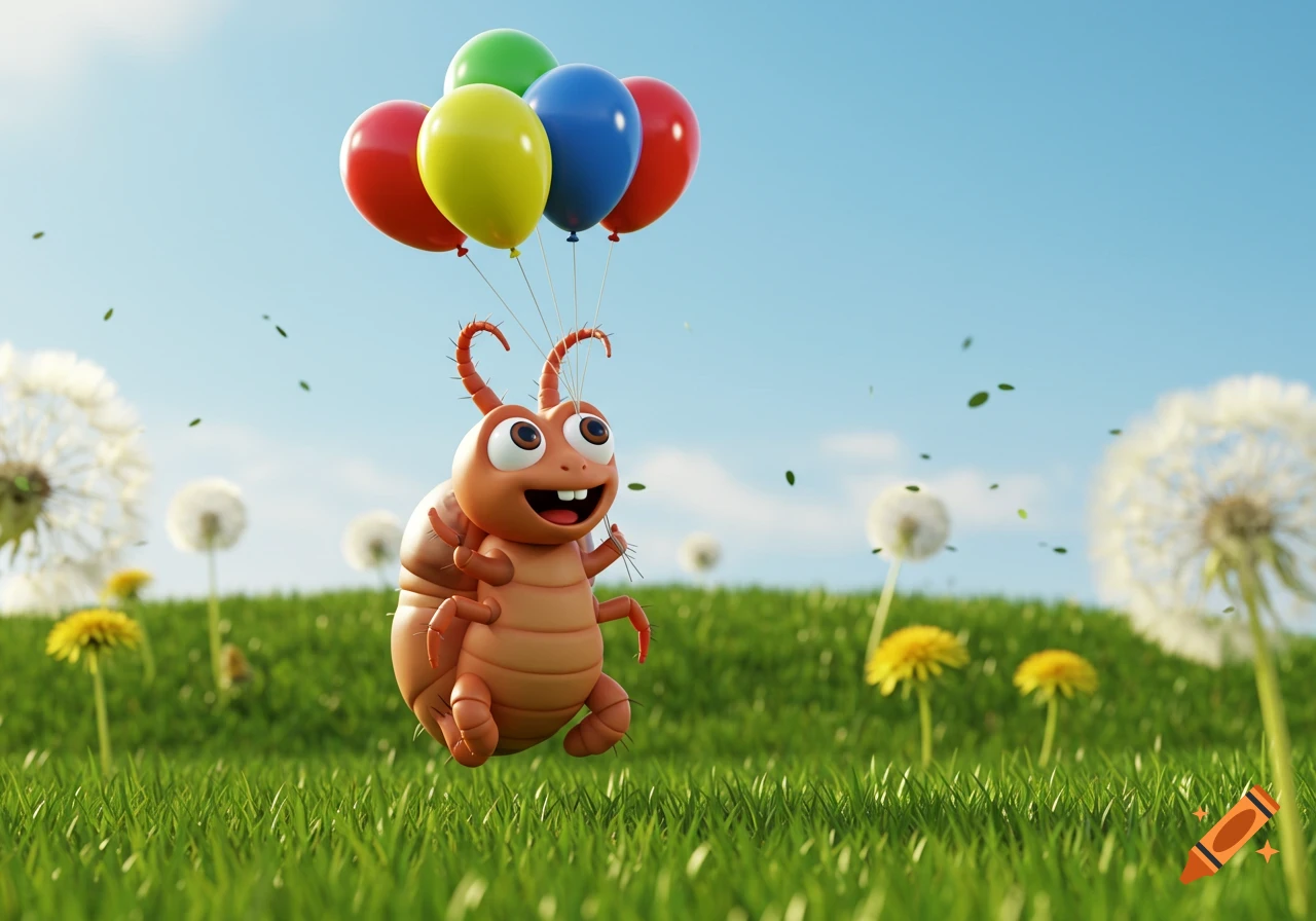 A happy, orange cartoon flea floats through a sunny green field with dandelions, holding colorful balloons.