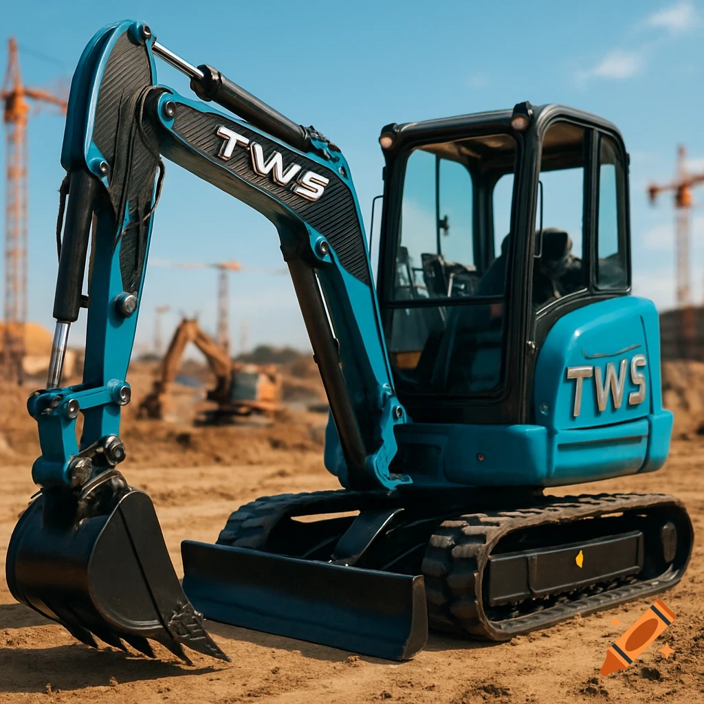 A bright blue mini excavator with 'TWS' on its arm and side sits on a dirt construction site under a clear blue sky.