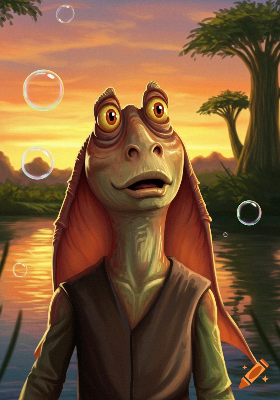 Jar Jar Binks stands in a swamp at sunset, looking up at floating bubbles, in a vibrant cartoon illustration style.