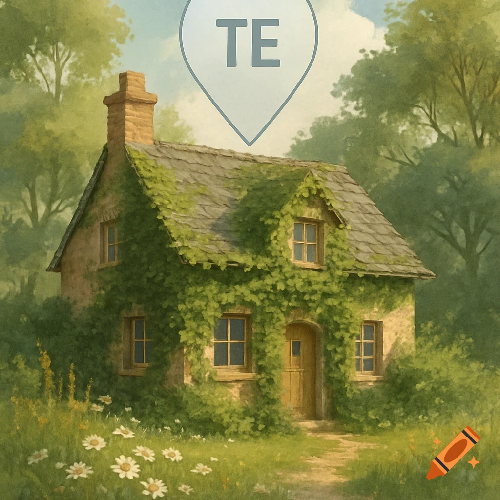 Painterly image of an ivy-covered stone cottage with a wooden door, surrounded by a field of daisies and trees, with a location pin displaying 'TE' above.