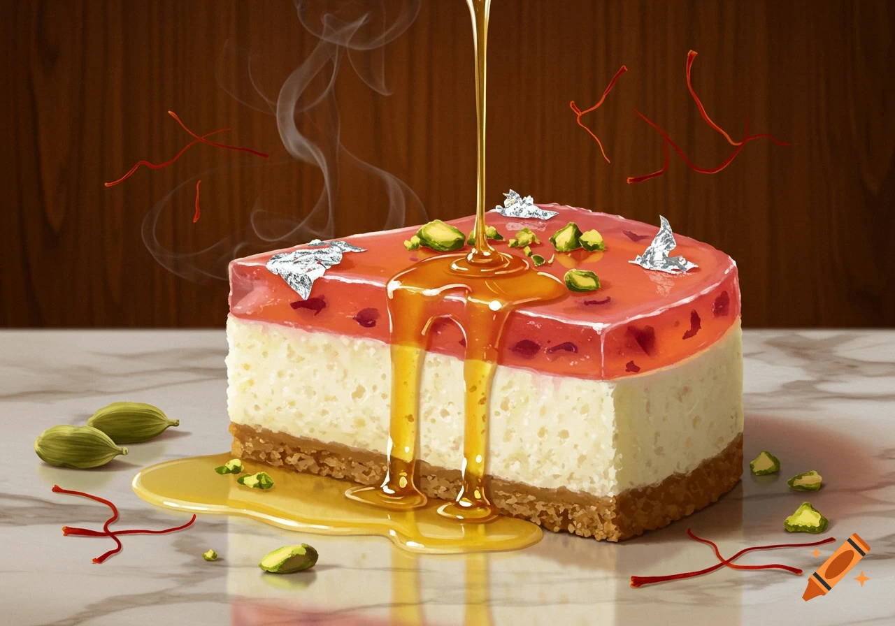 A slice of no-bake cheesecake topped with honey, pistachios, saffron, and silver leaf, on a marble counter.