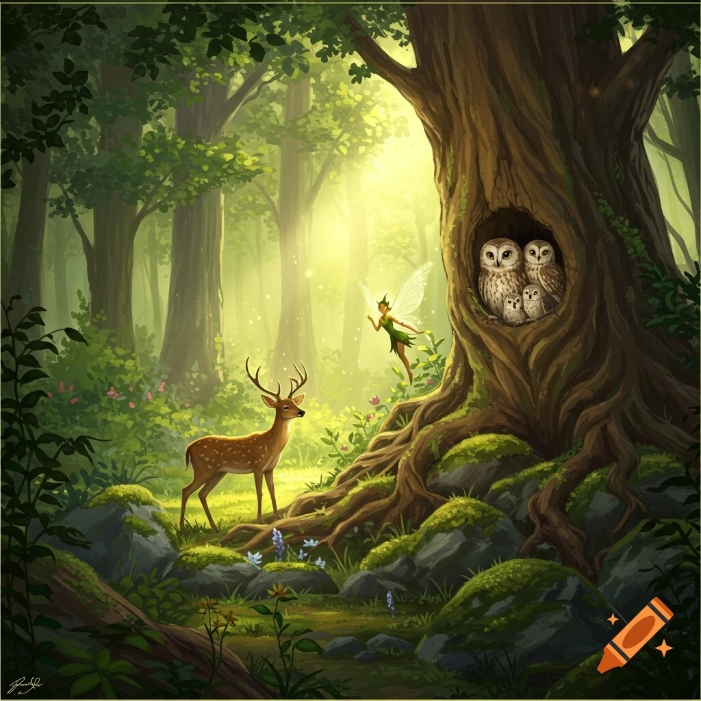 An illustrated fantasy forest scene with a glowing fairy, a deer, and owls nestled in a tree hole.