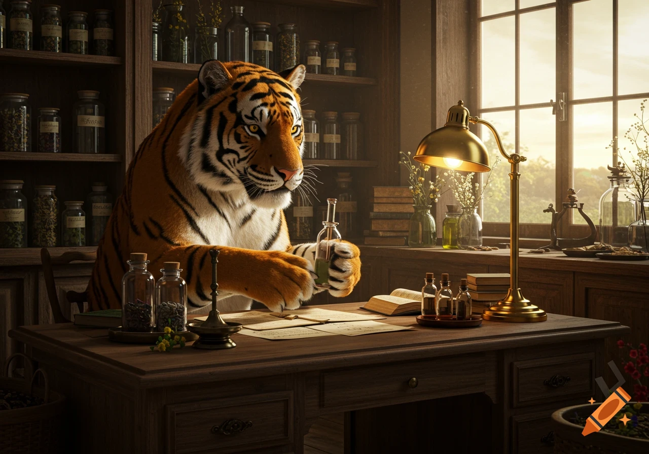 A photorealistic tiger sits at a wooden desk in a room, examining a small bottle, with shelves of jars and an illuminated lamp.