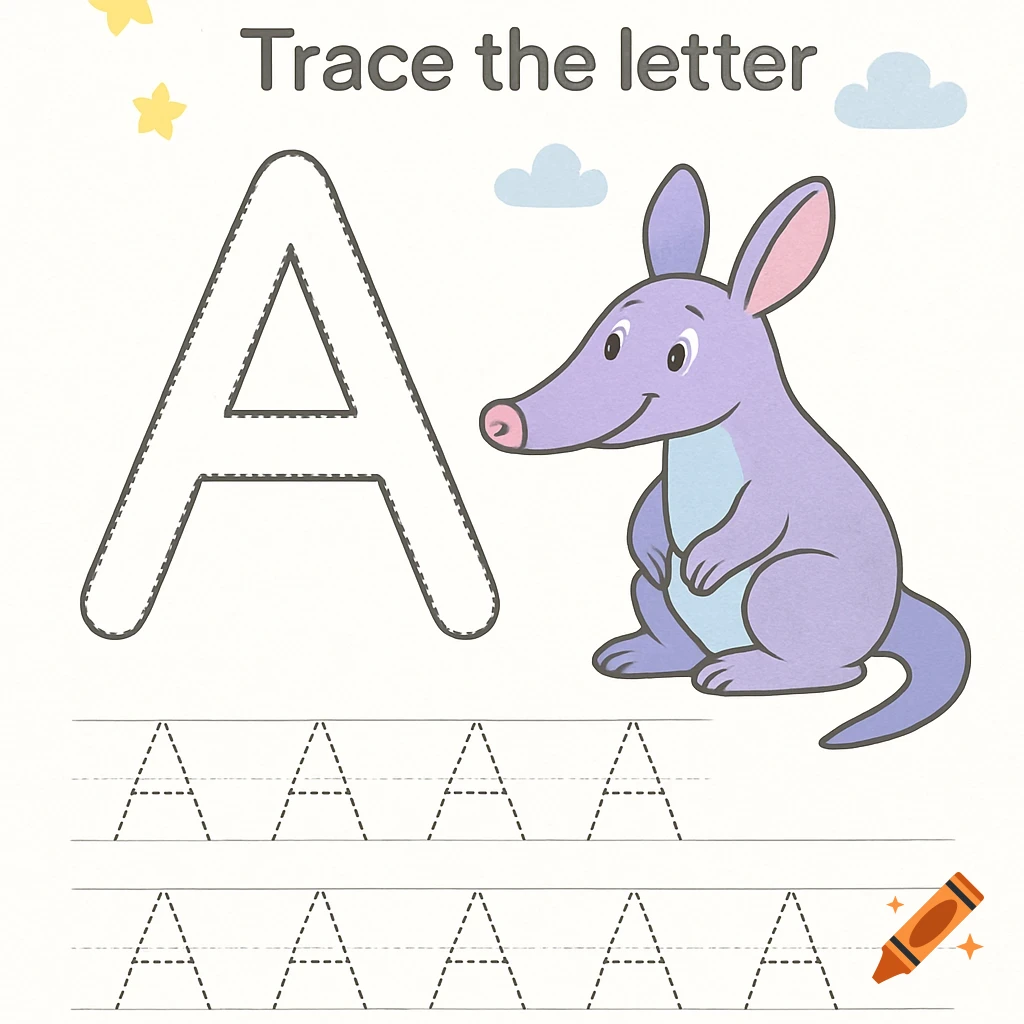A cartoon alphabet tracing worksheet for the letter A, featuring a smiling purple aardvark, stars, and clouds.