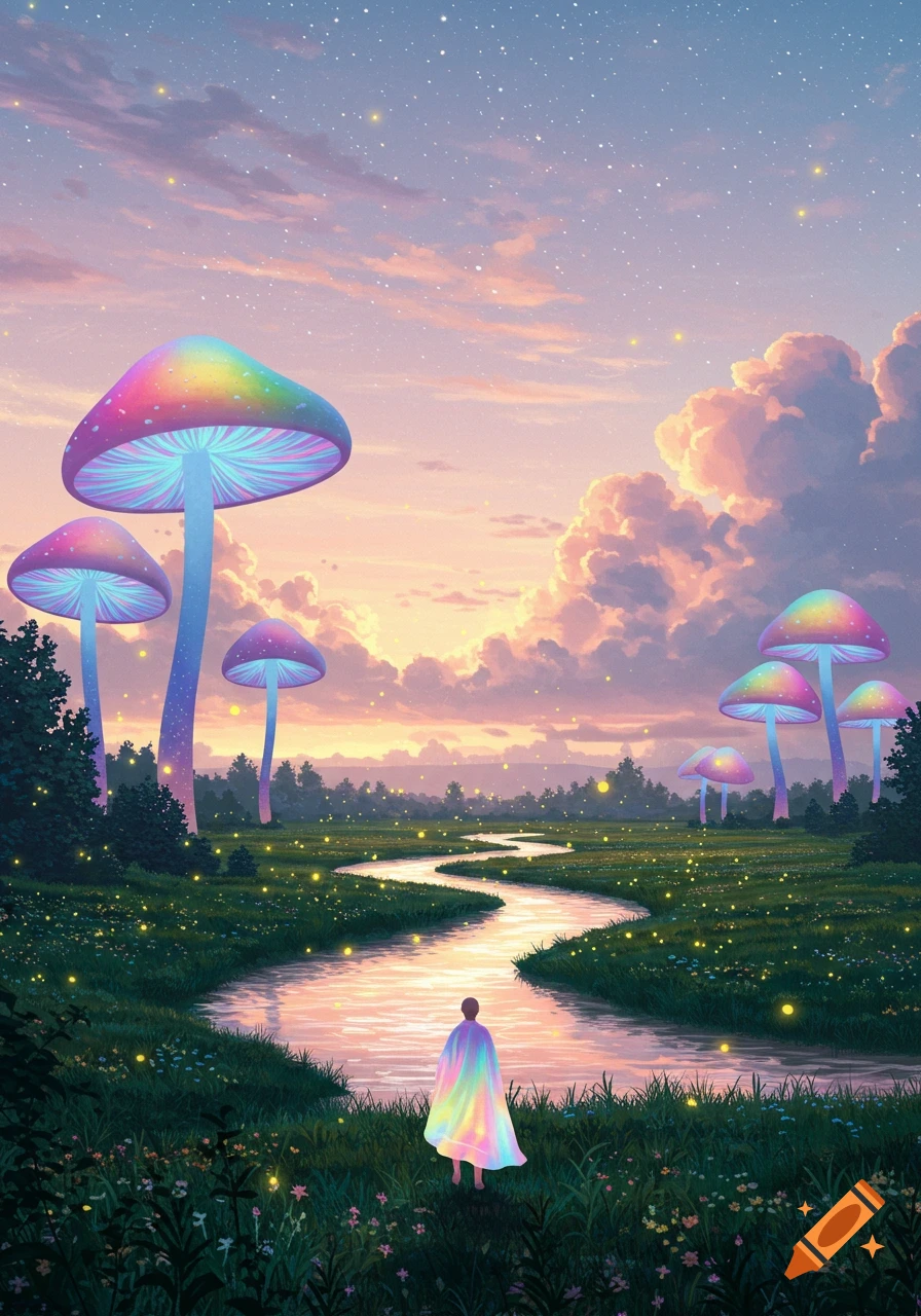 Person in a rainbow cloak stands by a winding river in a whimsical field with giant glowing mushrooms under a pastel starry sky.