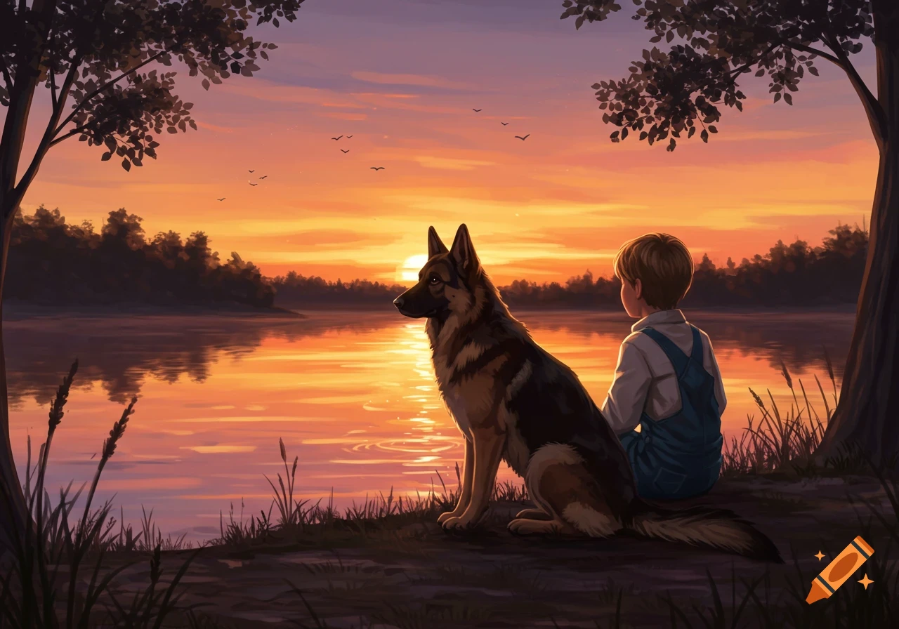 A German Shepherd dog and a young boy sit by a lake at sunset, rendered as a digital painting.