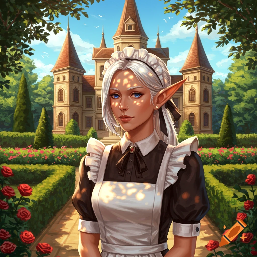 A detailed illustration of a white-haired half-elf housekeeper with blue eyes standing on a garden path in front of a grand manor, surrounded by roses.