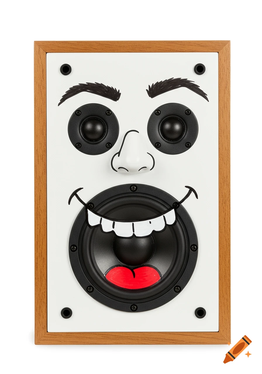 A wooden-framed audio speaker with a white faceplate, adorned with a drawn cartoon face using its black cones as eyes and a smiling mouth with teeth and a red tongue.