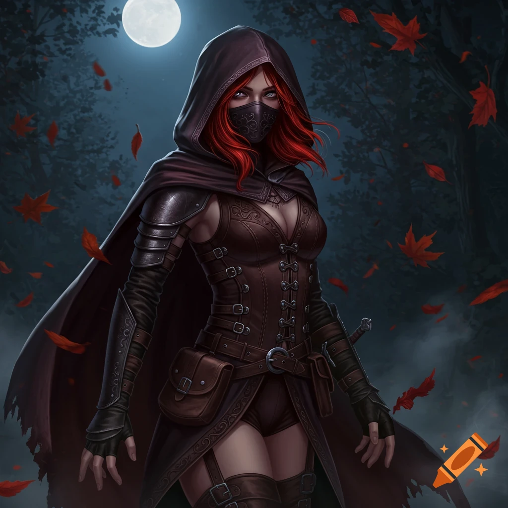 A red-haired female rogue in a dark hooded cloak, face mask, and leather armor stands in a shadowy forest with falling red leaves under a full moon.