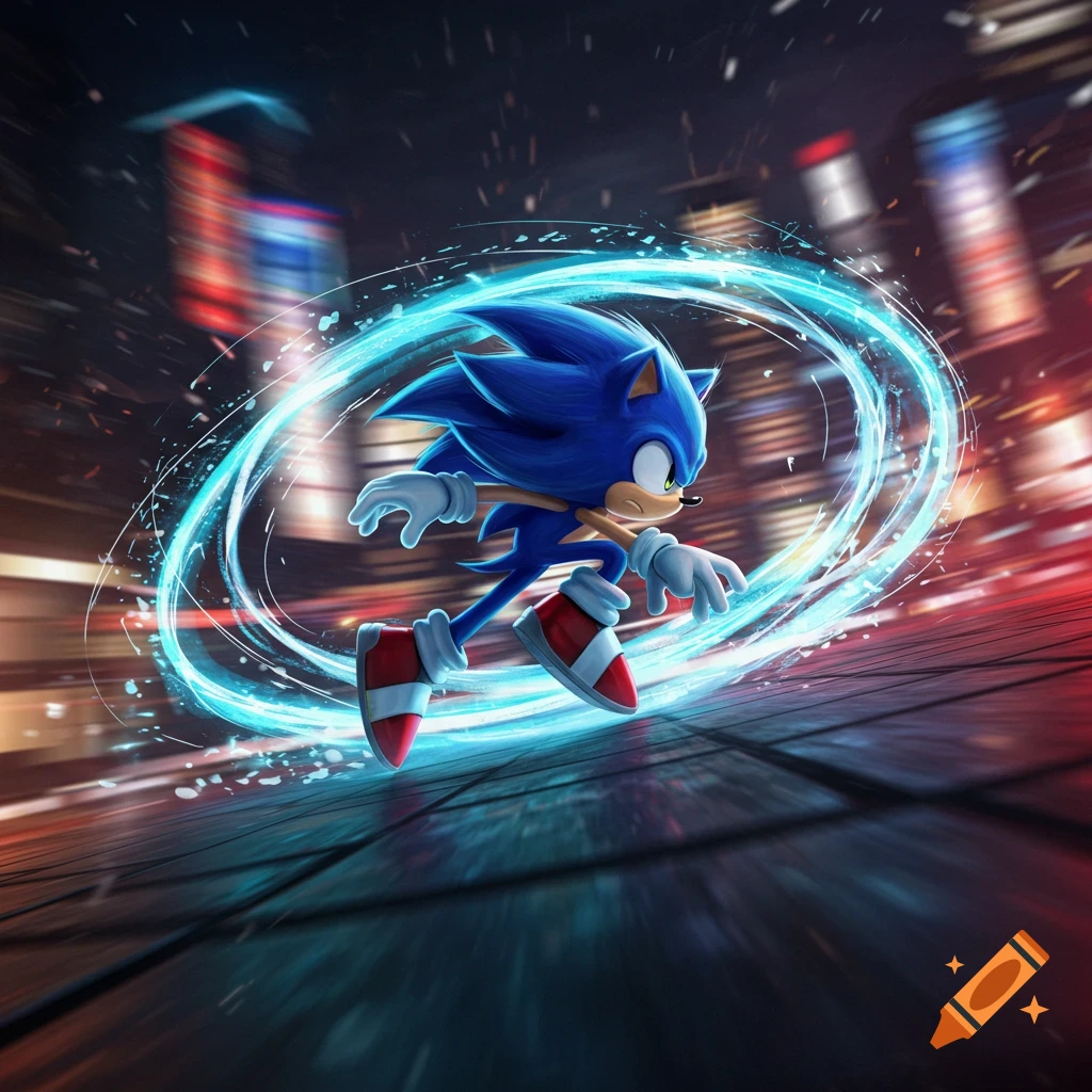 Sonic the Hedgehog runs at super speed, surrounded by a blue energy ring, through a blurry cityscape at night.
