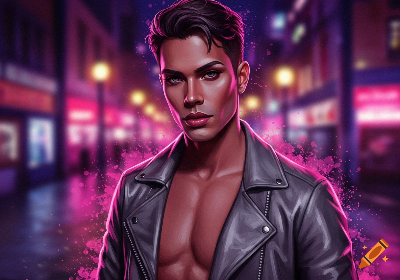 Stylized digital portrait of a man in an open leather jacket against a neon city night background with pink splatters.