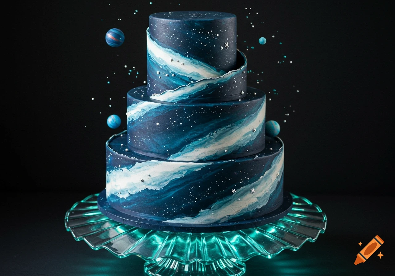 A three-tiered dark blue and white galaxy-themed cake with silver stars and small planets, sitting on a glowing teal cake stand.