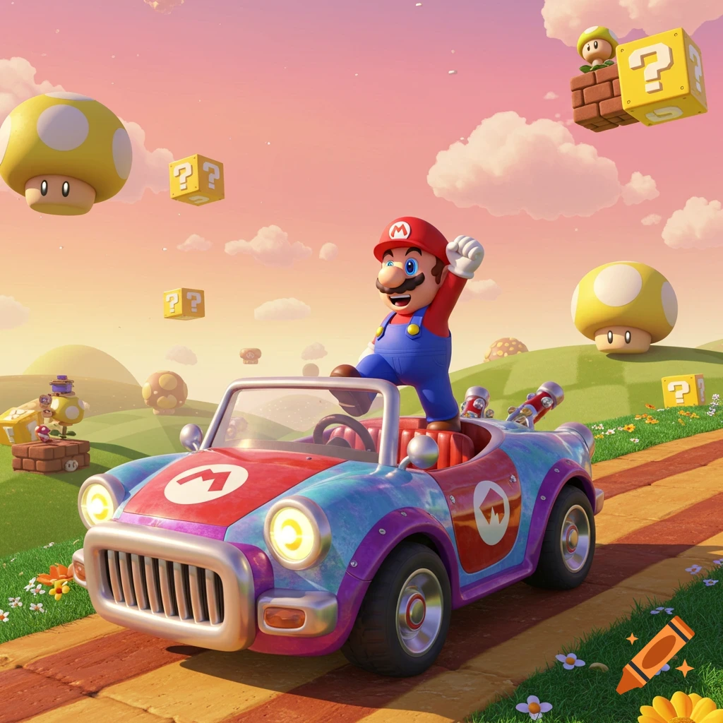 Mario drives a colorful kart on a dirt path through a vibrant landscape with floating mushrooms and question blocks.
