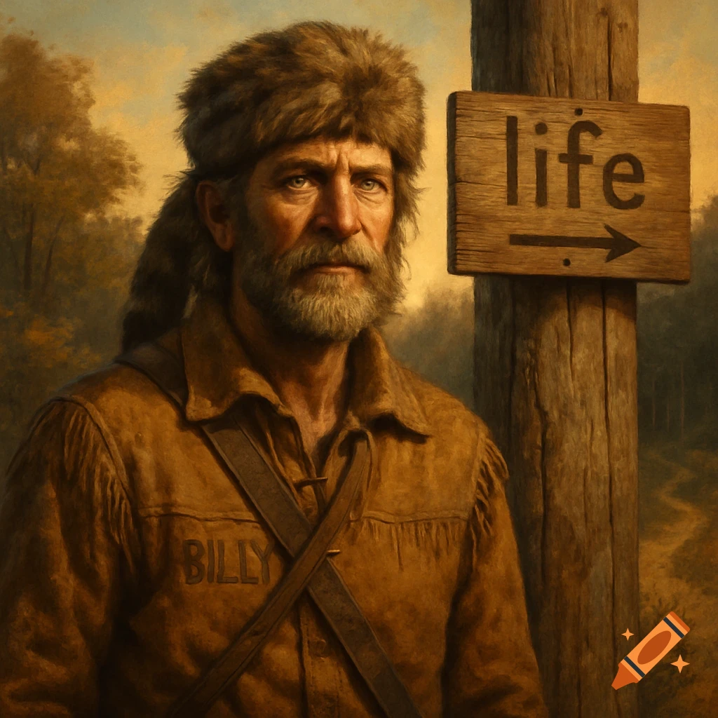 A painting of a rugged bearded man in a coonskin hat and buckskin shirt next to a wooden post with a sign reading 'life'.