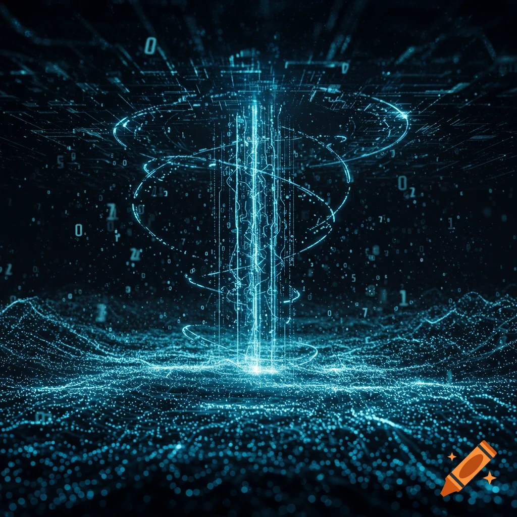 A glowing blue light beam rises from a swirling field of digital data and binary code in a dark, abstract technological space.