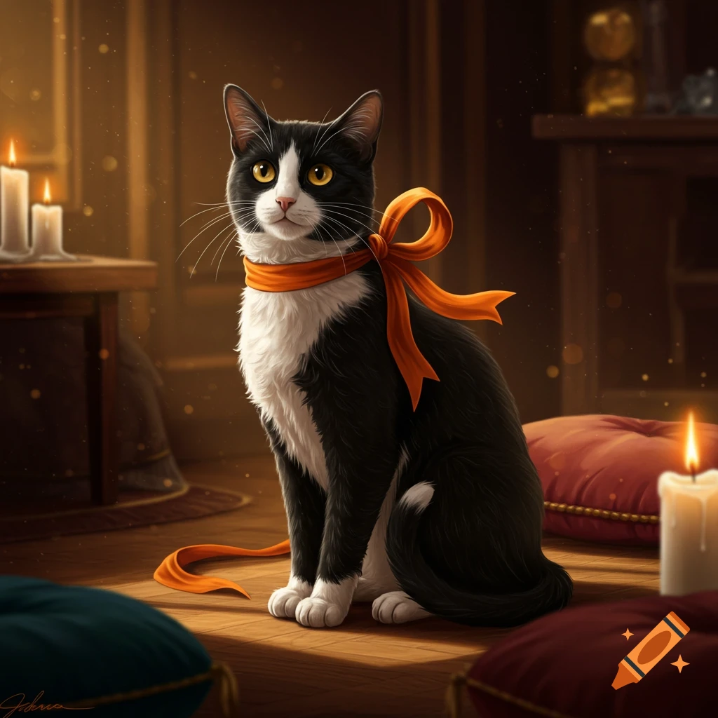 A photorealistic black and white tuxedo cat with golden eyes and an orange ribbon sits on a wooden floor, surrounded by candles and pillows in a warm, dimly lit room.