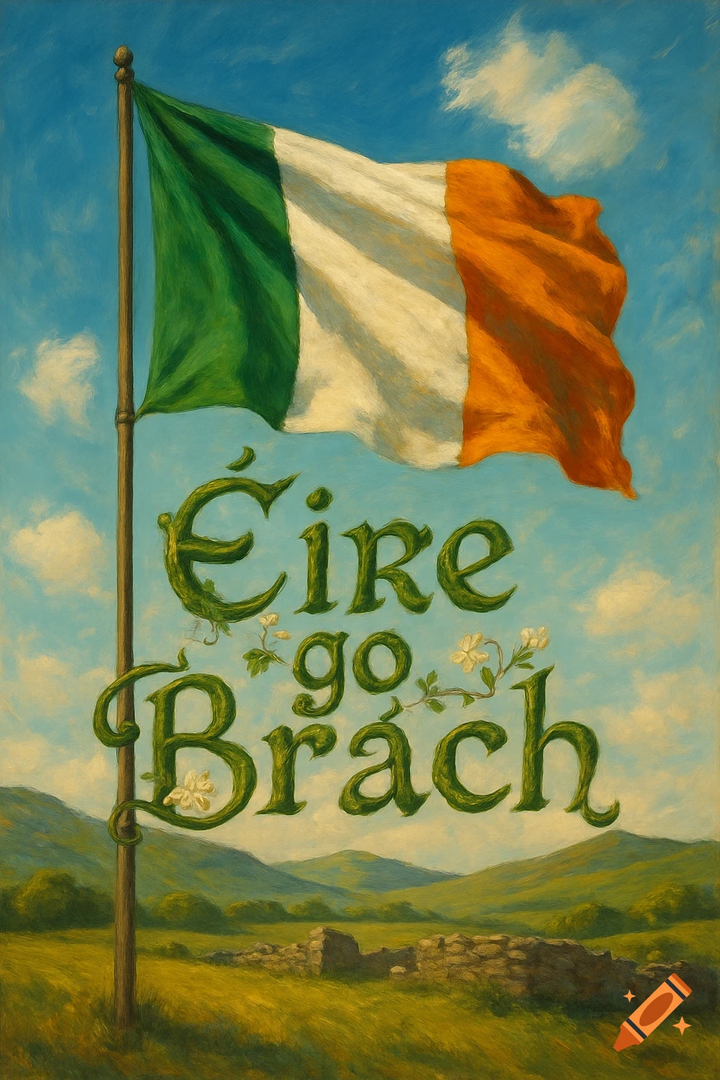 Oil painting of the Irish flag above a green landscape, with vine-like text reading 'Éire go Brách'.