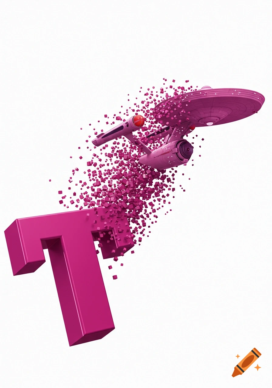 A magenta 3D capital 'T' dissolving into pixels that form a magenta Star Trek Enterprise spaceship, against a white background.