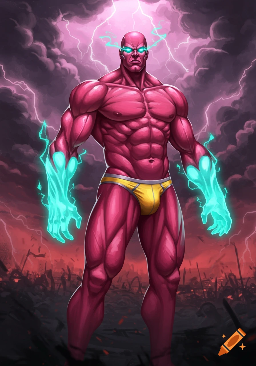 A muscular, pink-skinned superhero in yellow briefs with glowing cyan eyes and hands, surrounded by a stormy, lightning-filled sky.