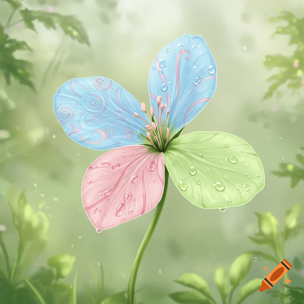 A fantastical four-petal flower with blue, pink, and green petals, each adorned with delicate swirls and glistening water droplets, set against a soft, blurry green background.