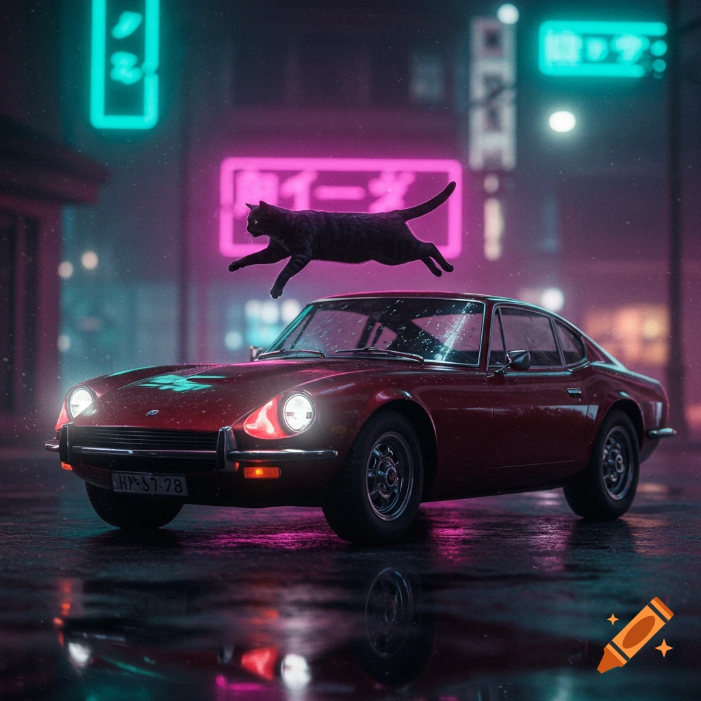 A black cat leaps over a red classic sports car on a wet street at night, illuminated by glowing pink and blue neon signs in a city.