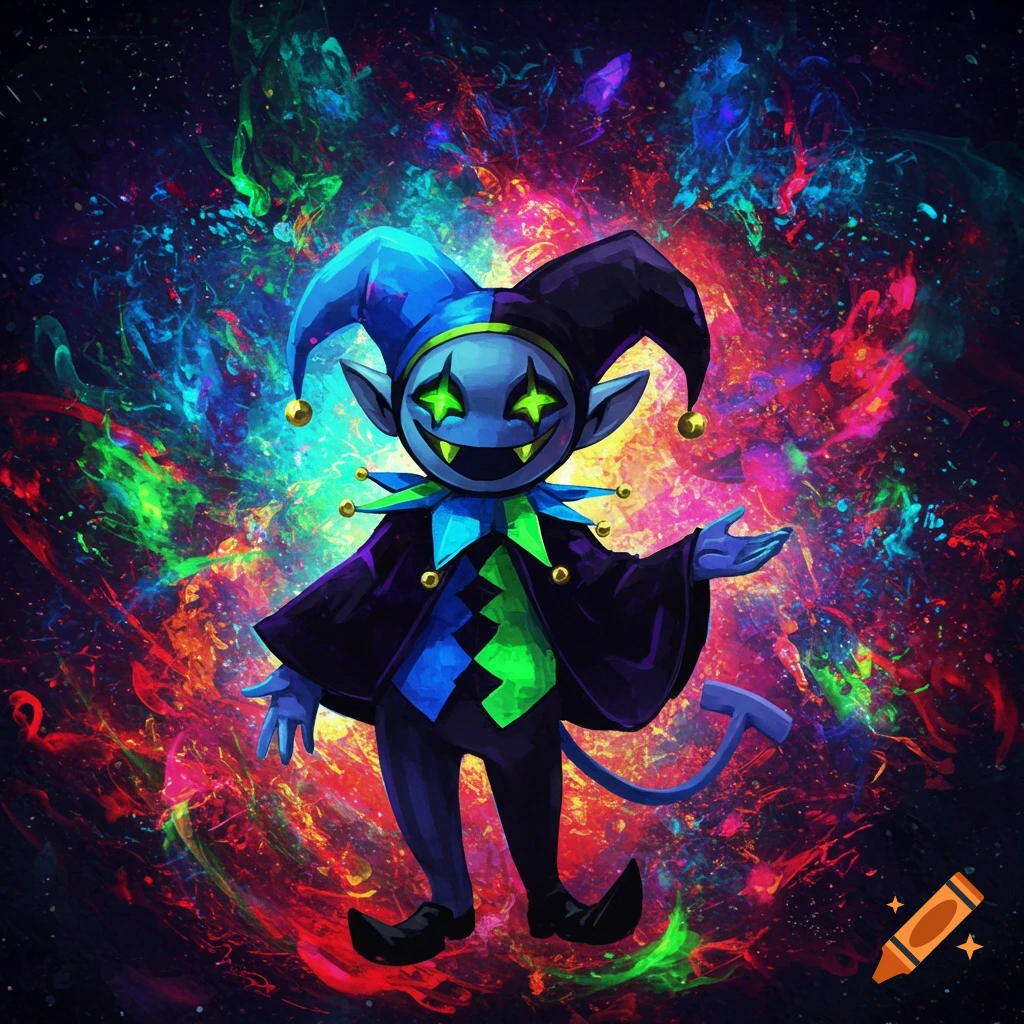 A vibrant, blue-skinned jester character with glowing green eyes and a jester hat, set against a swirling, colorful abstract background.