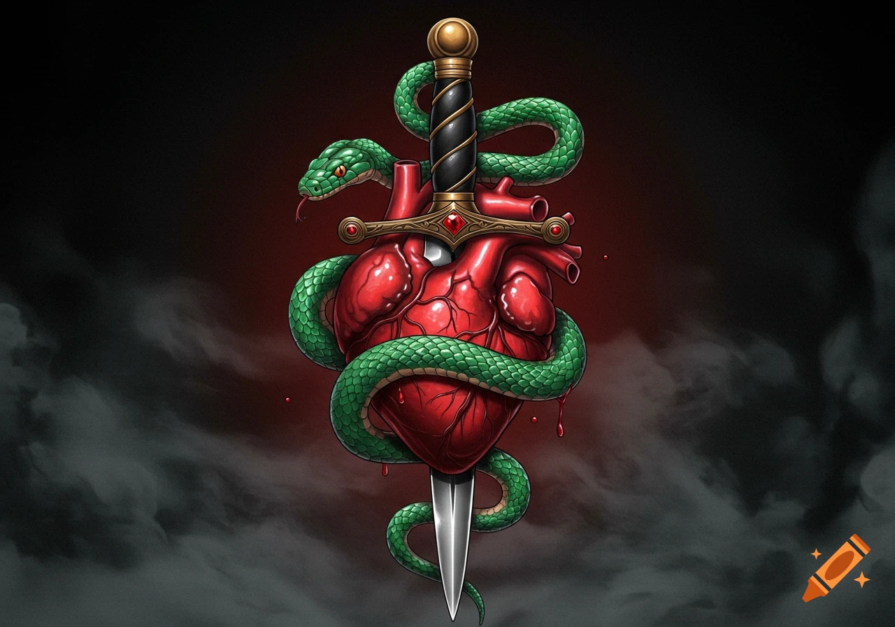 Stylized illustration of a vibrant red anatomical heart pierced by a dagger, tightly encircled by a bright green snake.