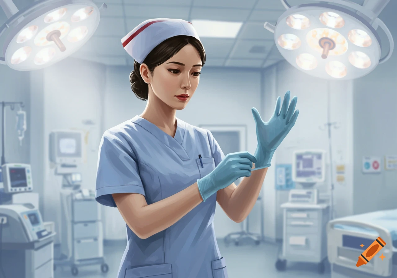 An illustrated nurse in light blue scrubs and a cap puts on medical gloves in a brightly lit operating room.