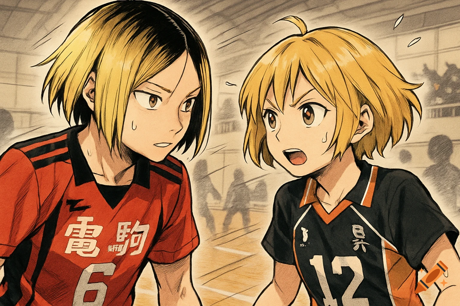 Two anime characters, Kenma and Yachi from Haikyuu, in volleyball uniforms on a court. Kenma looks surprised, Yachi looks shocked.