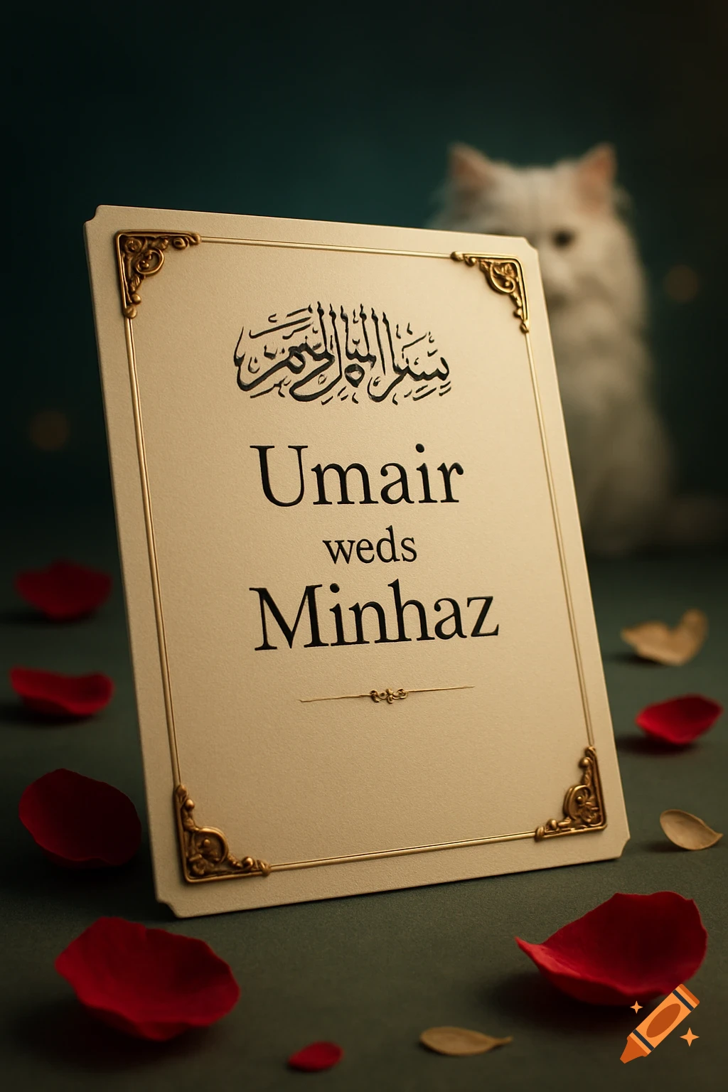 A luxurious wedding invitation card with 'Umair weds Minhaz' and Arabic calligraphy, surrounded by red rose petals. A white cat is blurred in the background.