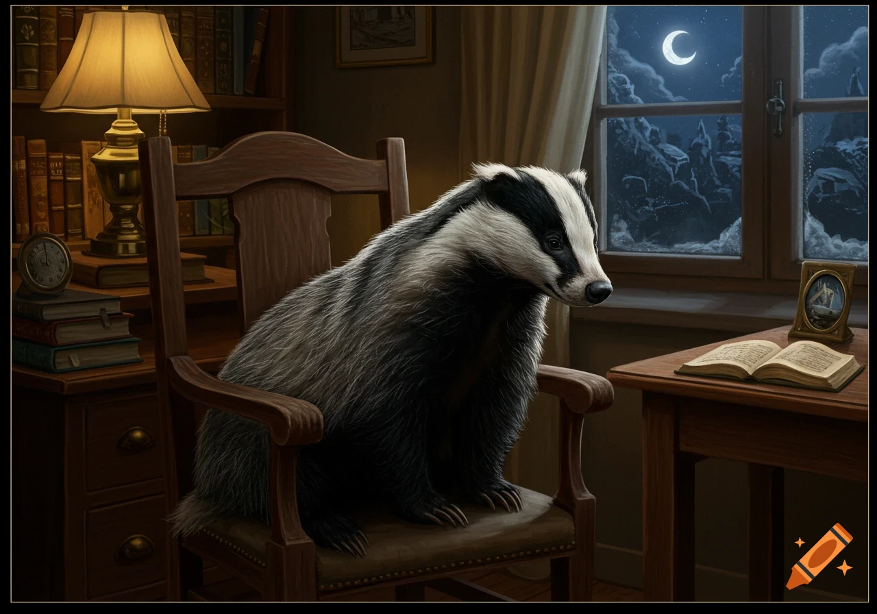 A badger sits in a wooden chair in a dim study at night, next to a window showing a crescent moon and a table with an open book and lamp.