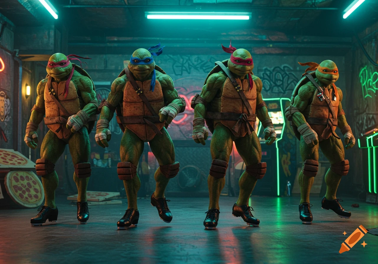 The four Teenage Mutant Ninja Turtles, Leonardo, Raphael, Donatello, and Michelangelo, tap dancing in an urban setting.