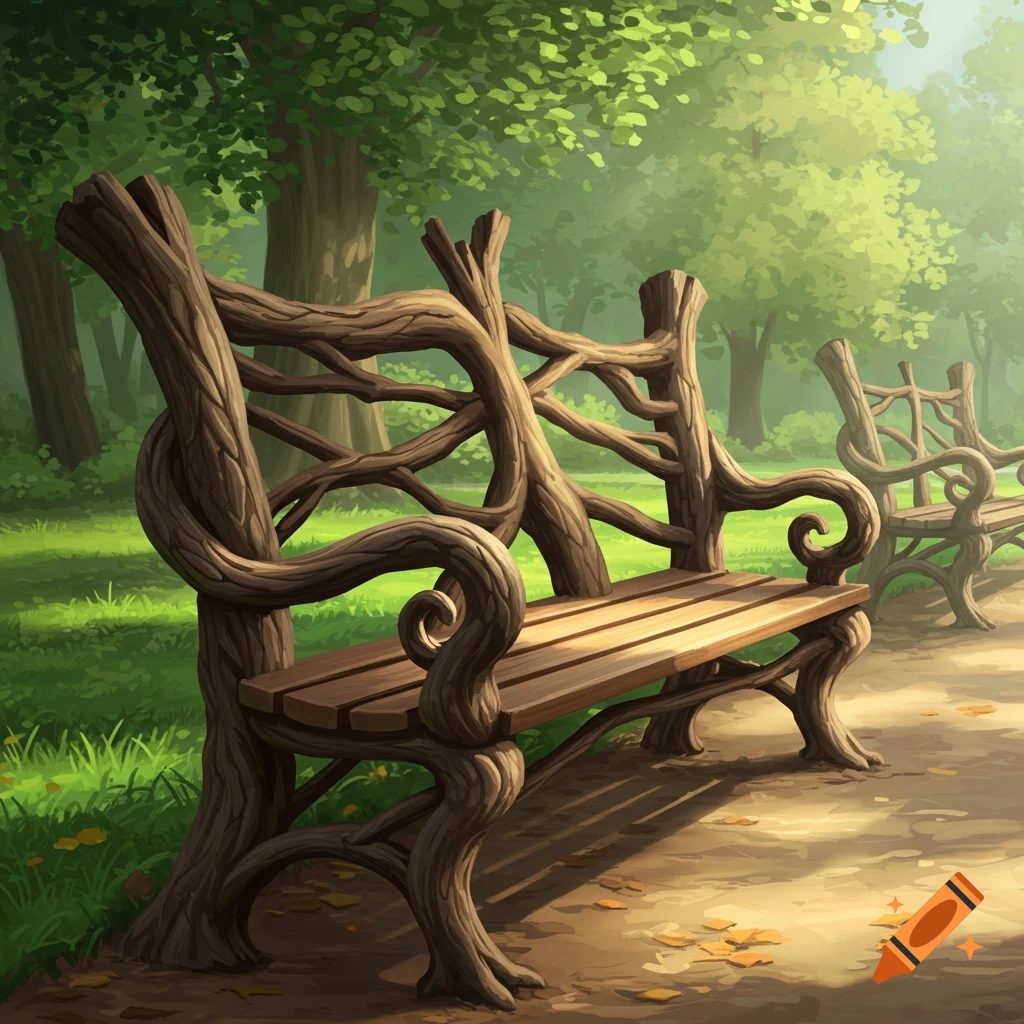 Stylized illustration of a rustic, gnarled wooden park bench on a sunny path in a vibrant green park with trees.
