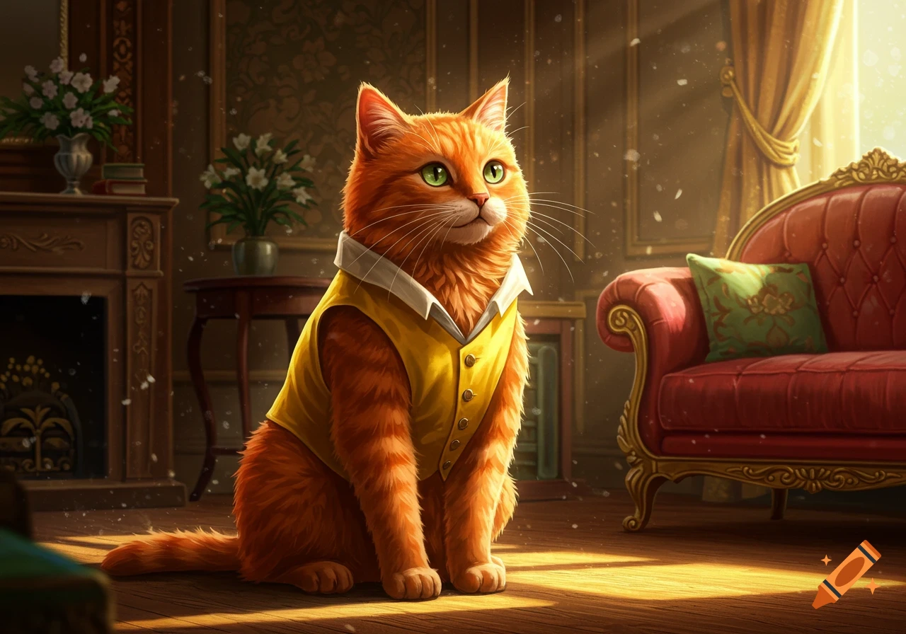 An orange cat with green eyes wearing a yellow vest, sitting on a polished wooden floor in a grand room with elegant furniture, bathed in sunlight.