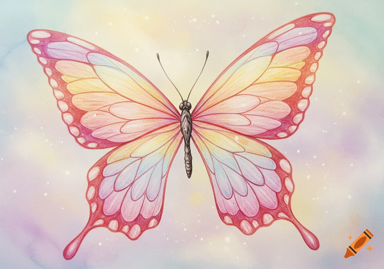 A vibrant butterfly with rainbow-colored wings, outlined in black, in a colored pencil illustration on a soft pastel background.