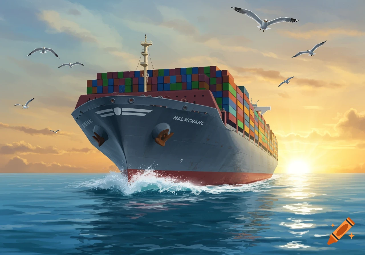A large cargo ship loaded with colorful containers sails on the blue ocean at sunset with seagulls flying.