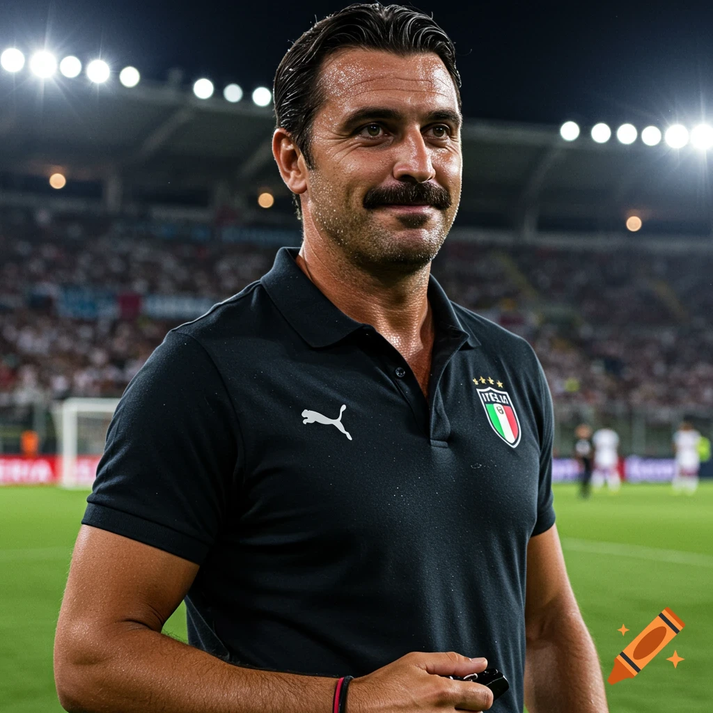 A hyper-realistic portrait of a sweating Italian soccer coach with a mustache on a stadium field.