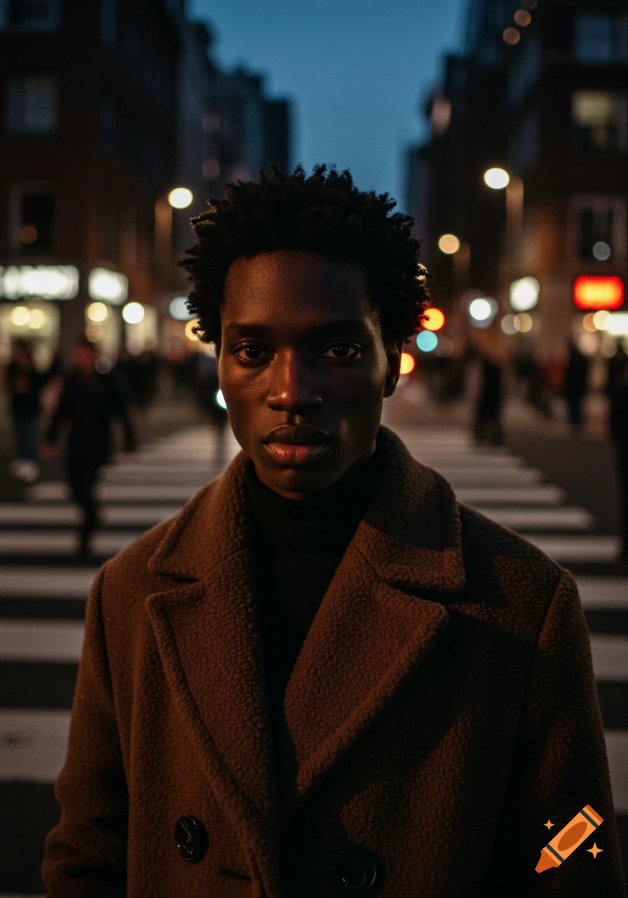 Photorealistic portrait of a man with an afro in a brown coat standing in a busy city crosswalk at dusk.