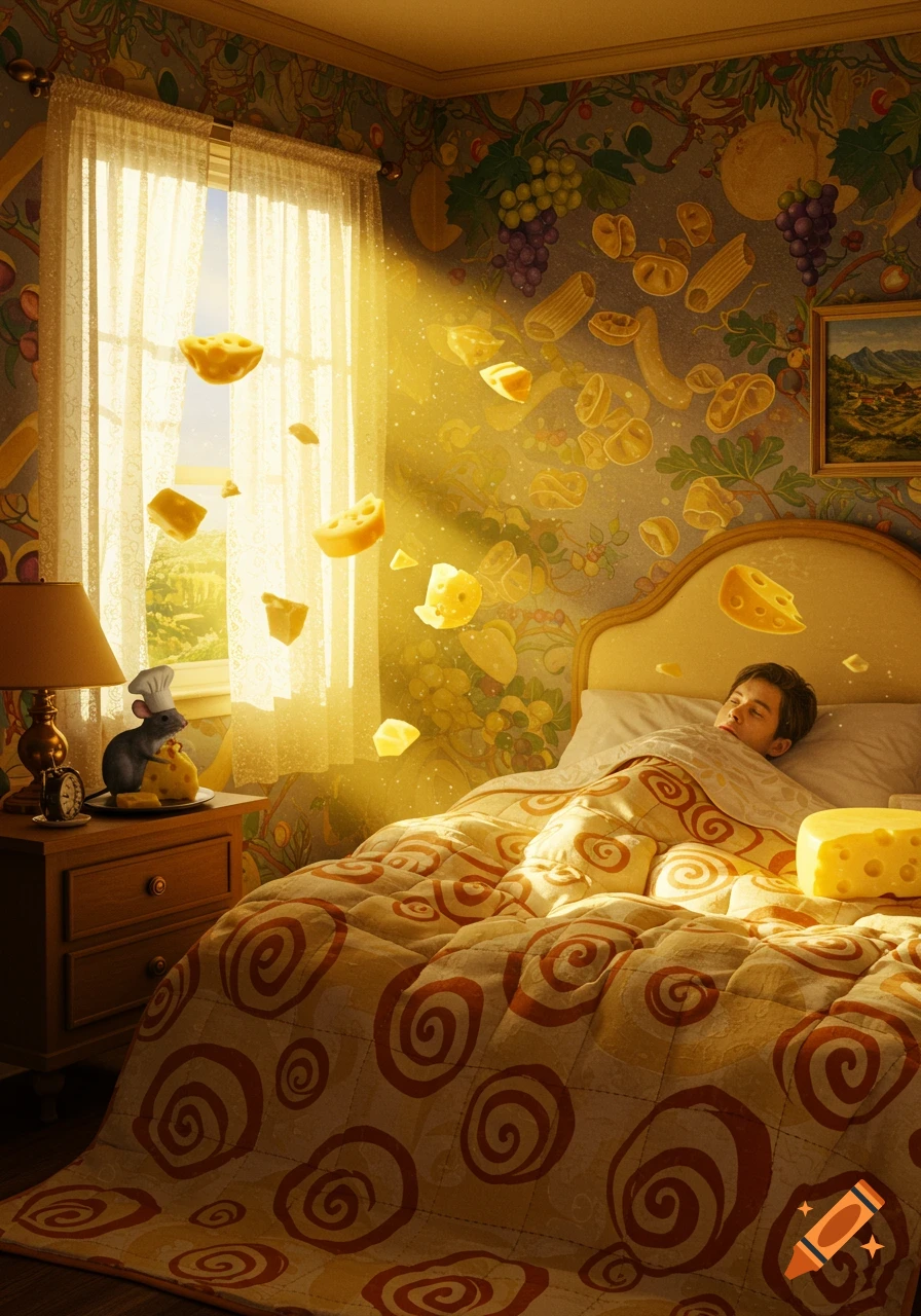 A person sleeps in a sunlit bedroom with floating cheese and pasta wallpaper, a rat chef on the nightstand.