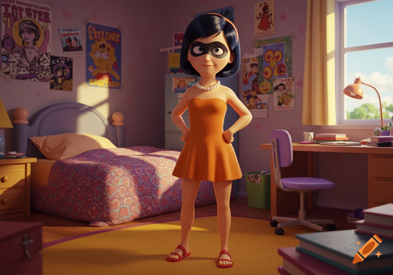 Violet from The Incredibles wearing an orange strapless dress and a mask, standing in a brightly lit bedroom.