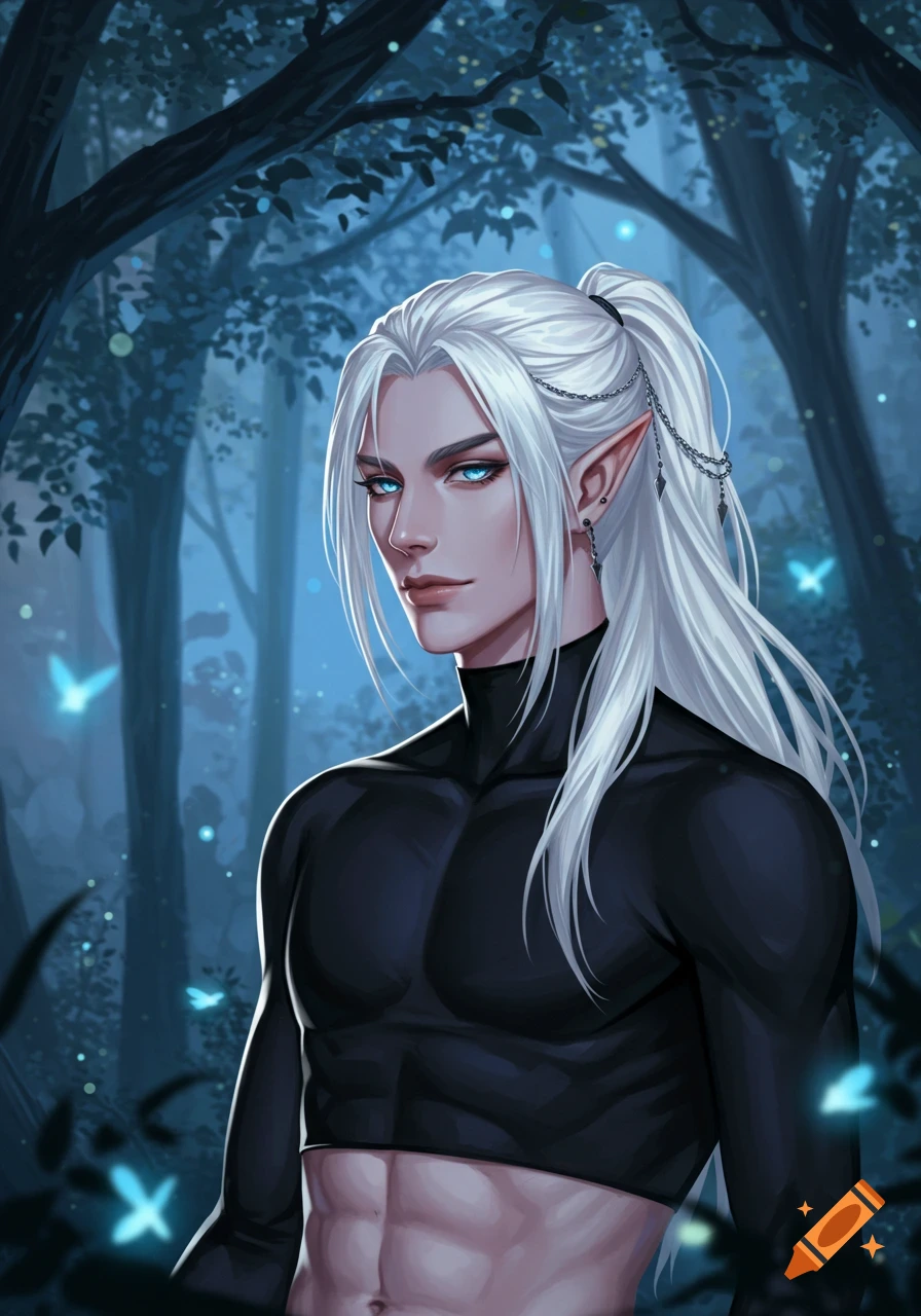 An anime male elf with long white hair in a ponytail, wearing a black crop top, stands in a mystical blue forest with glowing butterflies.