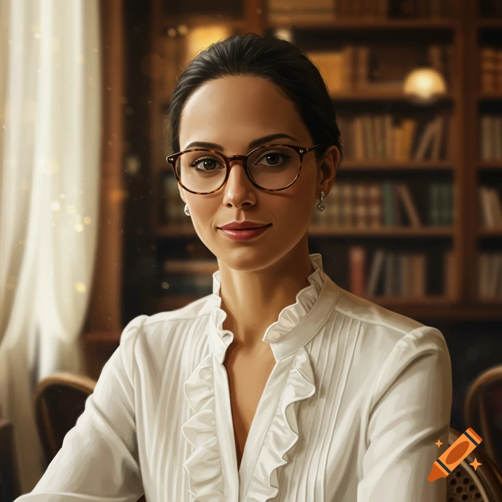 A smiling woman with dark hair and tortoiseshell glasses wears a white ruffled blouse in a library.