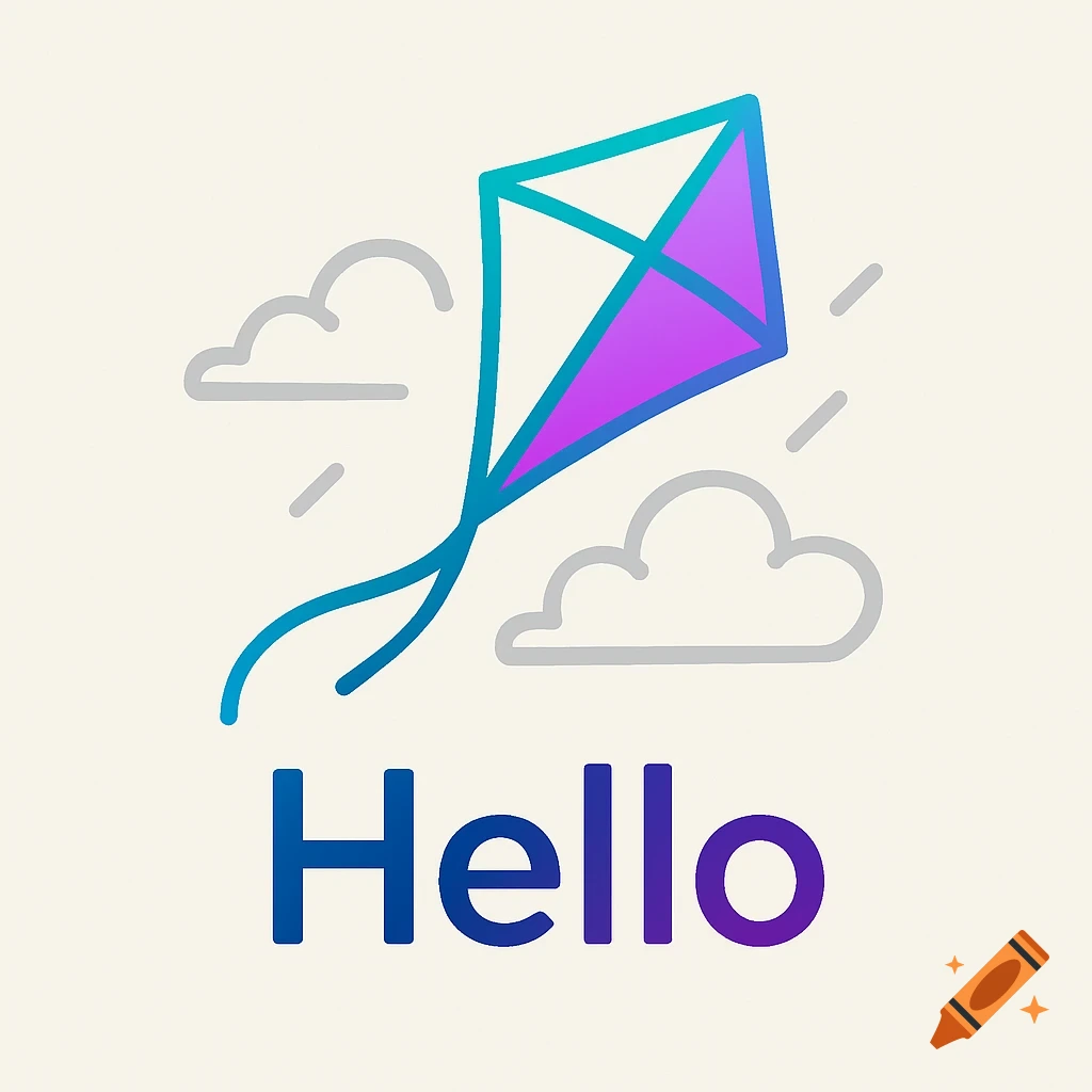 A stylized kite in blue and purple flies with gray clouds and dashed lines, above the word "Hello" in blue and purple text on a white background.