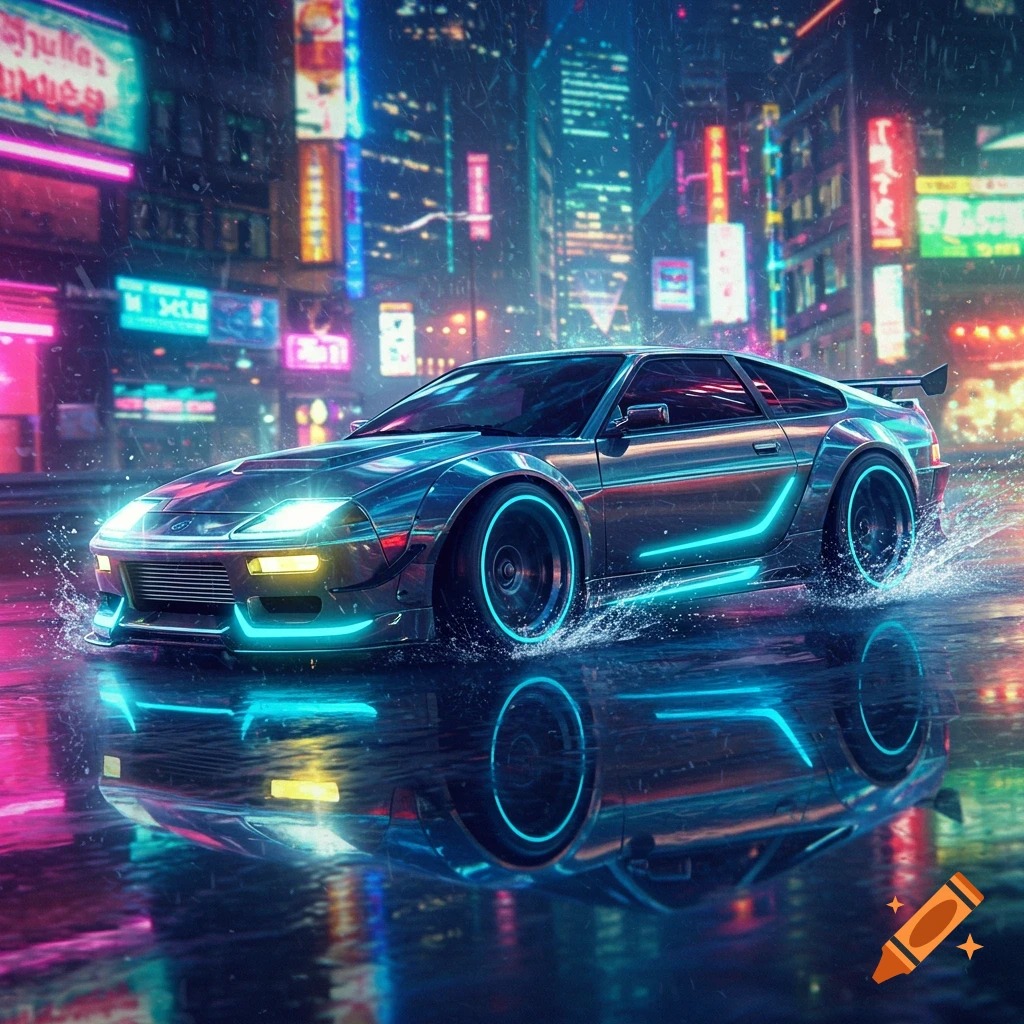 A futuristic car with neon blue lights drives through a rainy cyberpunk city street with reflections on the wet pavement.