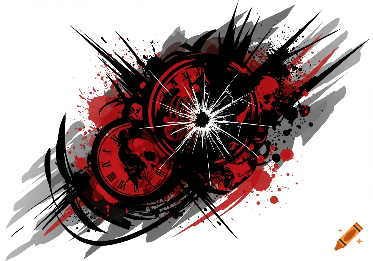 Trash polka style graphic with red and black skulls, clocks, and shattered glass on a white background, featuring abstract splatters.