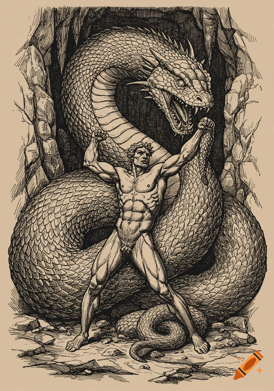A muscular nude man battles a massive coiled serpent in a dramatic sepia-toned engraving style, set in a cave.