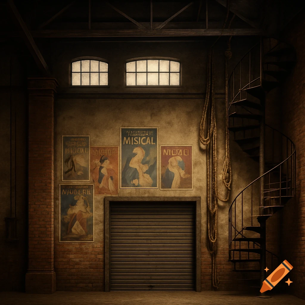 A dark, atmospheric back wall of a 1930s theatre with art deco posters, a loading door, ropes, and a spiral staircase.