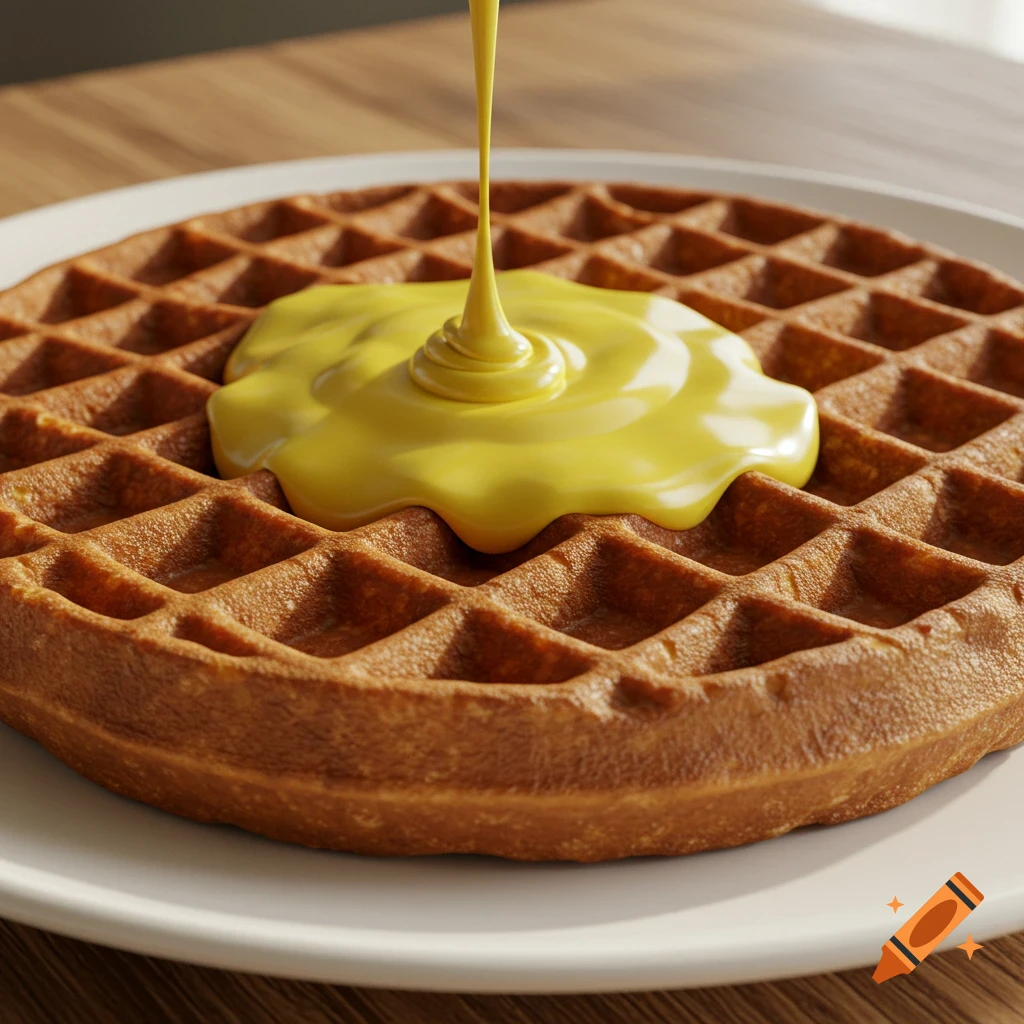 A photorealistic close-up of a golden brown waffle on a white plate, with bright yellow sauce drizzling onto it, on a wooden table.