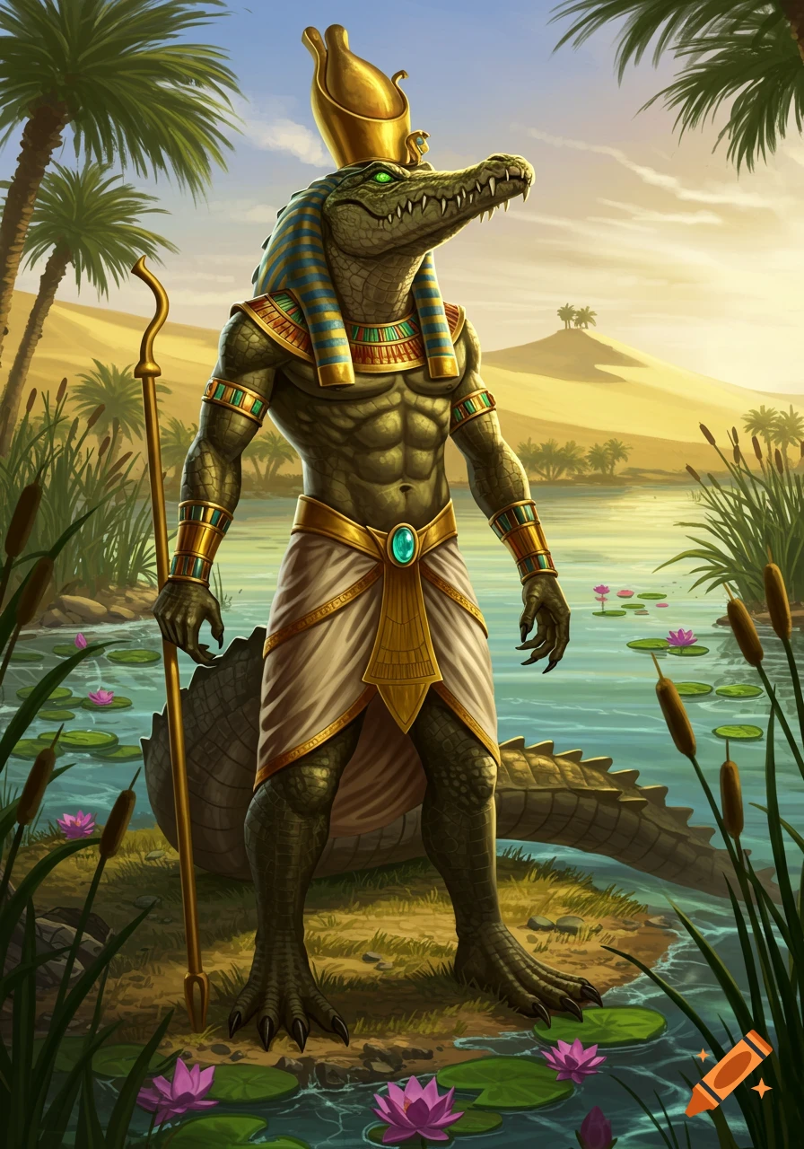 Sobek, the Egyptian crocodile god, stands by the Nile with a staff in a desert oasis, wearing a golden crown and shendyt.